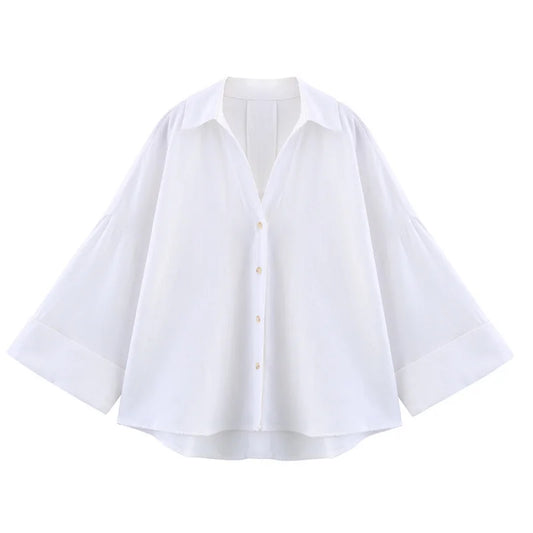 Classic women's long-sleeved shirt with a V-neck