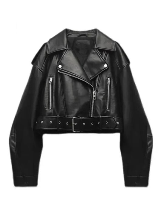 Women's vintage oversized short jacket in PU faux leather with belt, streetwear style with zipper